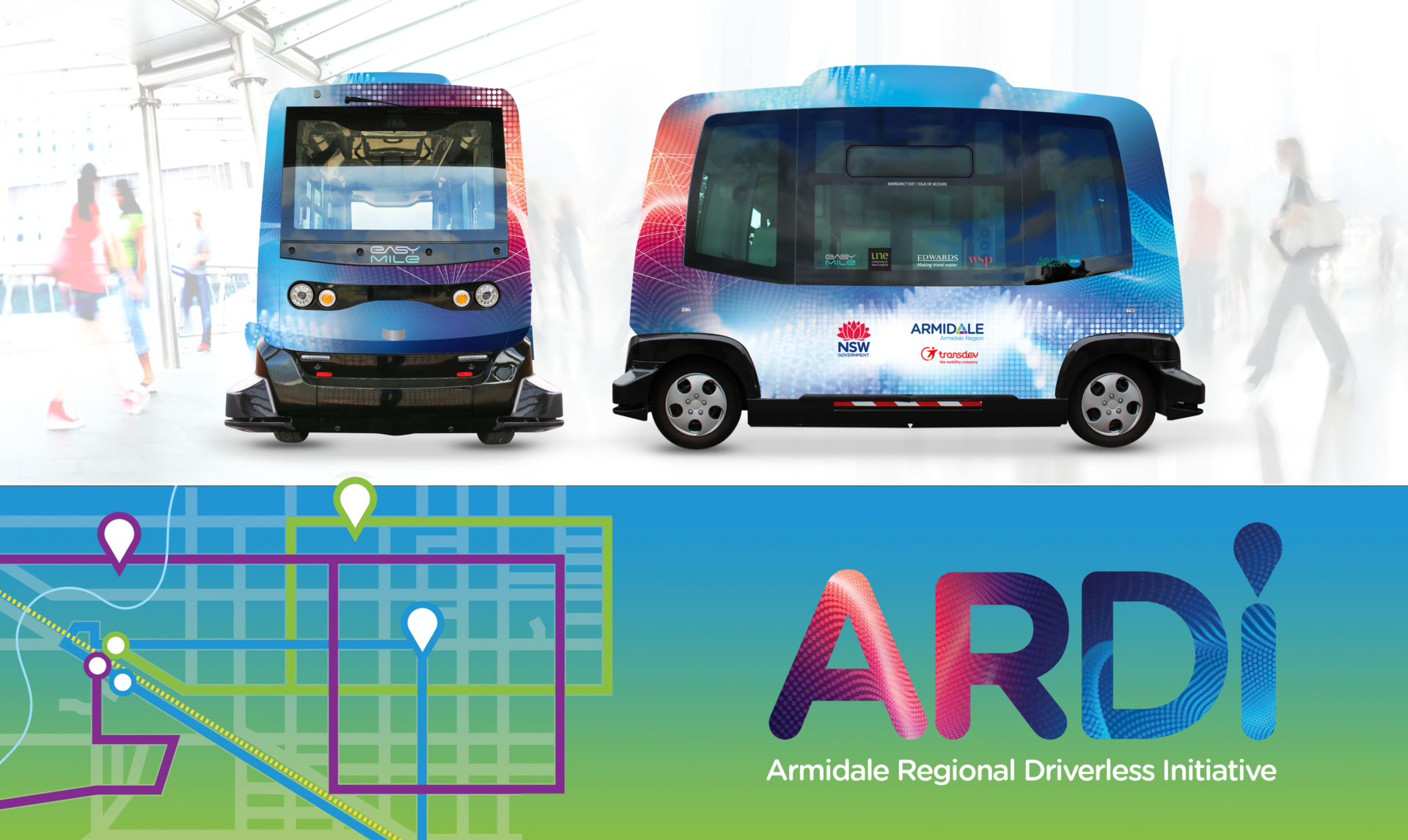 smart modern electric blue signage wrap on a driverless public transport mini bus