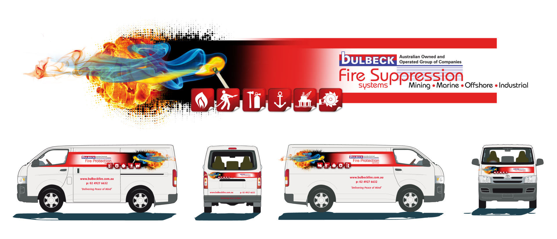 creative eye-catching red to blue flame with fire fighting icons for Bulbeck Fire Suppression on a white Toyota Hiace van. Showing graphic elements in detail on a banner above with side, back and front views of the van with signage applied.