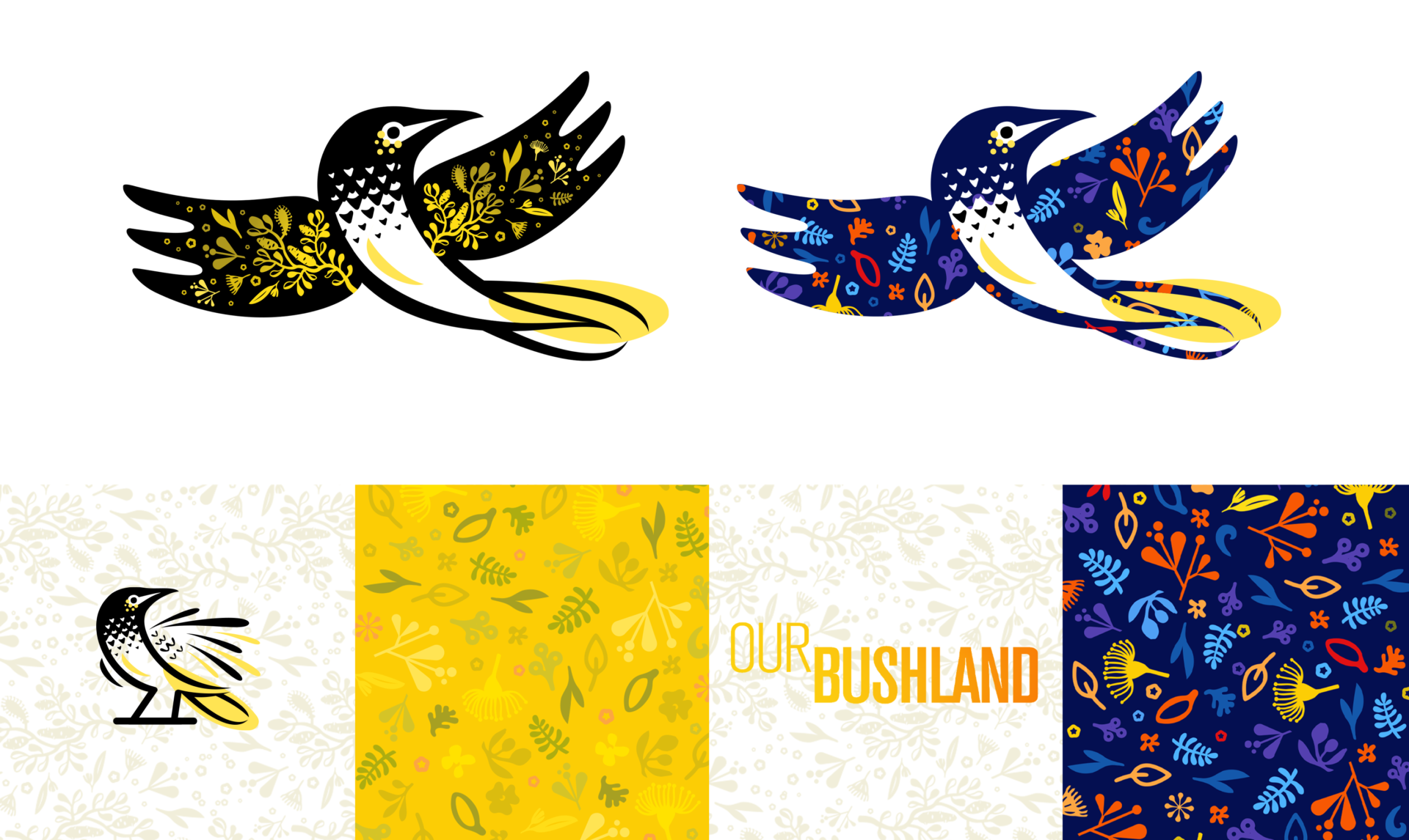 A colourful design of the Hunter Valley Honey Eater in lemon gold and a second version in deep blue with vivid colours in the flora through the wings and body of the bird