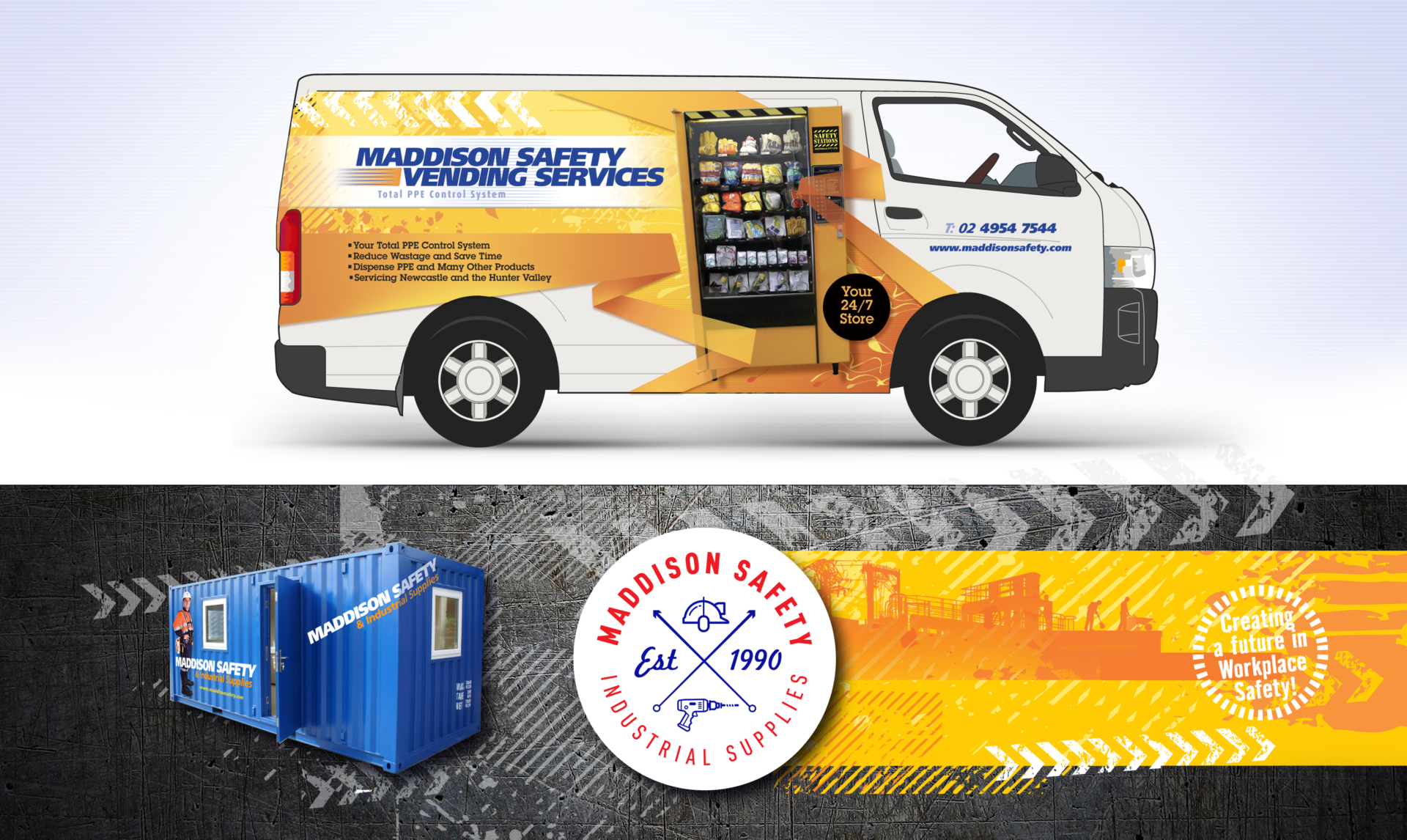 A Toyota Hiace, a site office made from a blue shipping container with Maddison Safety branding applied