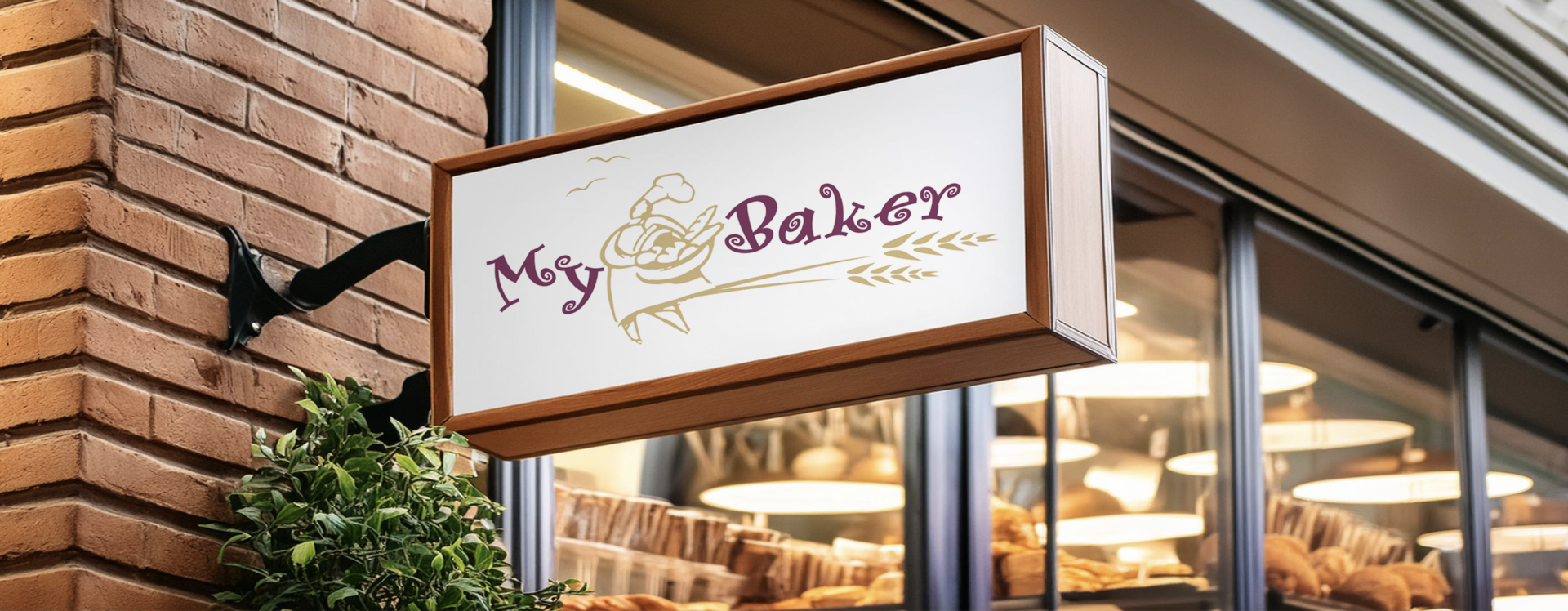 a whimsical illustration style logo of a baker holding a basket of bread with the name My Baker on a lightbox sign off the side of a brick building that houses a bakery 