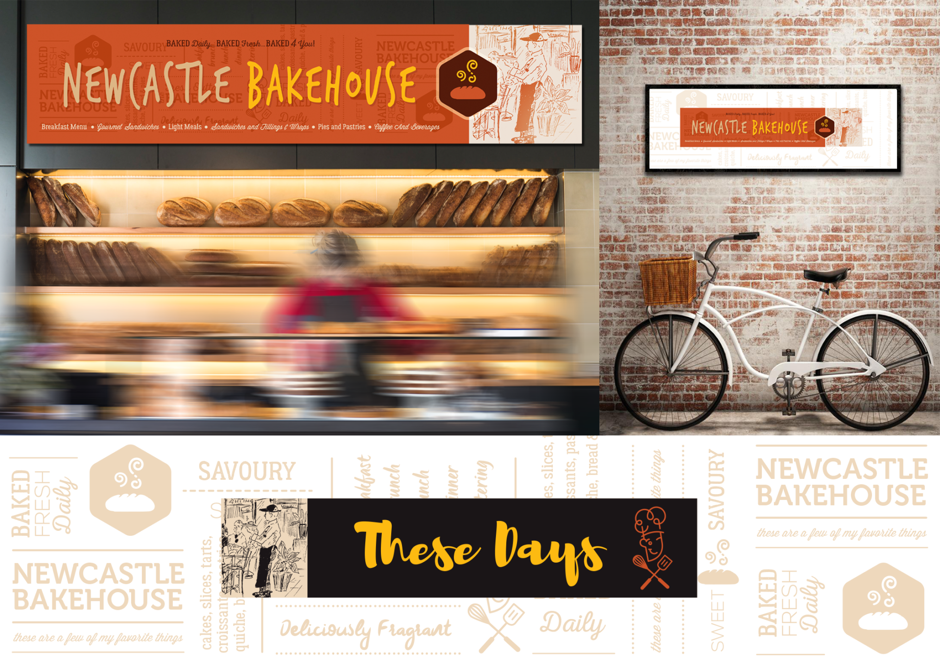 a shopfront bakery with a blurred staff member and freshly baked bread on shelves in the background, with Newcastle Bakehouse signage above and stylish old fashioned ladies bike leaning against a rustic brick wall