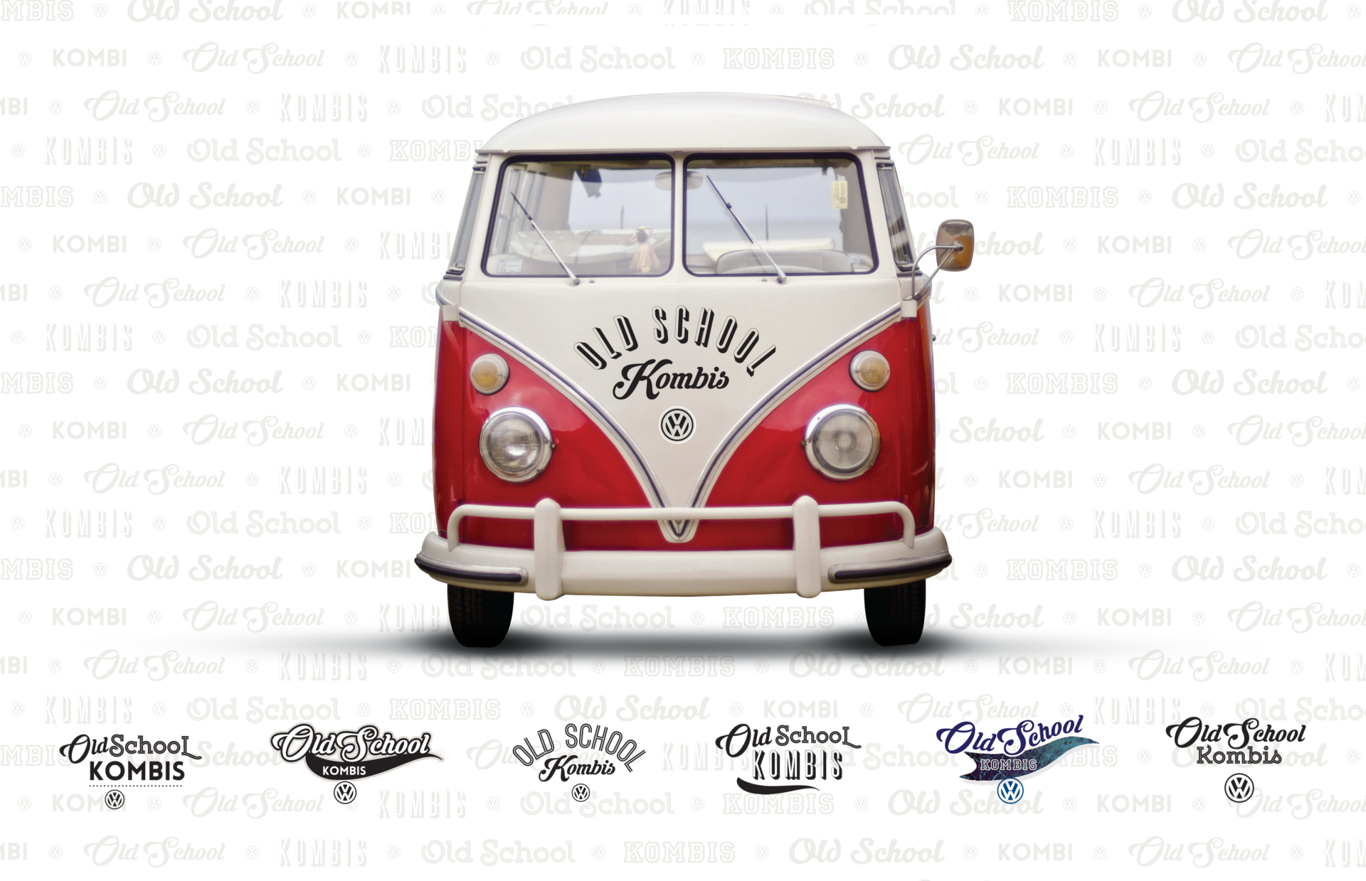 Red and white Volkswagen Combi with Old School Kombis logo on the front of the vehicle