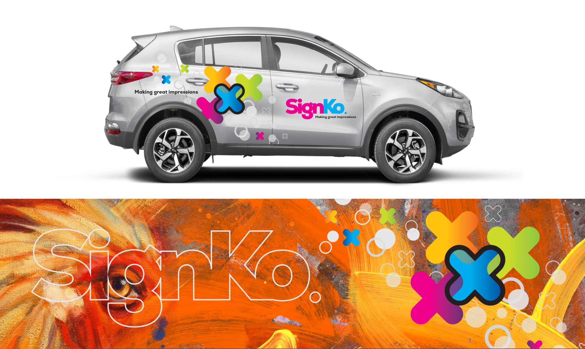 Vehicle with creative and vibrant signage with colourful banner across the bottom 